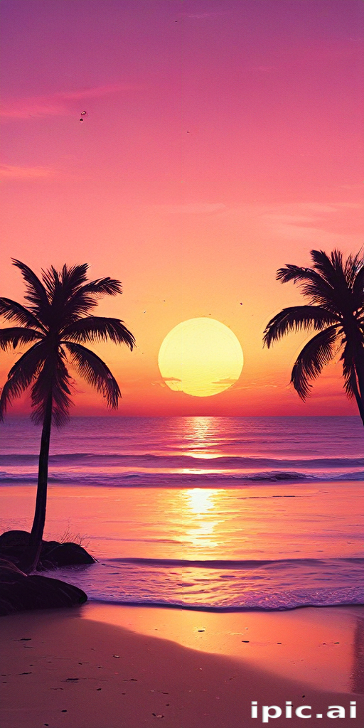 Stunning Sunset Over Tranquil Beach with Silhouetted Palm Trees in Paradise