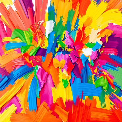 Create a vibrant and colorful world map with abstract brush strokes in a kaleidoscope of colors, using a high-resolution DSLR camera, ISO 100, aperture f/8, shutter speed 1/125s, shot from a top-down angle with a macro lens to enhance detail and clarity.
