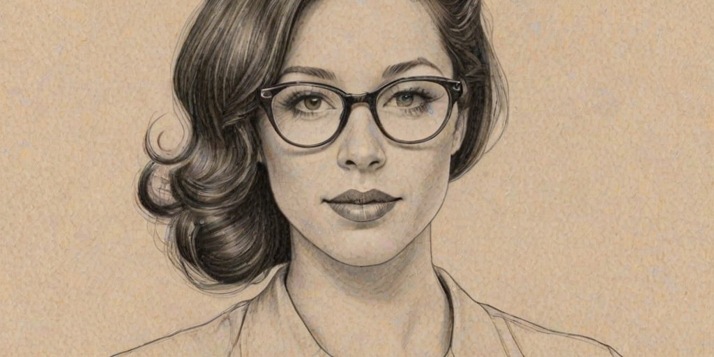 Magnificent Jackie Tohn, pencil sketch, portrait of Delightful woman 1949s in glasses, hair style beatnik, outline, clear lines, fine lines, 8k
