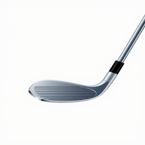 Create a detailed illustration of a golf club against a simple background, capturing its sleek design with a focus on the club head and shaft, using a DSLR camera with a 50mm lens, aperture set to f/2.8 for a shallow depth of field, ISO 100 for high clarity, and a natural lighting setup to enhance reflections and textures.