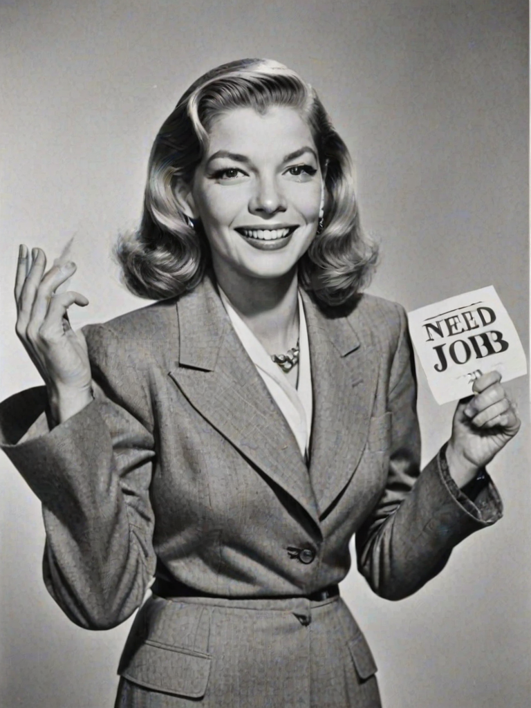 caricature of a smiling Lauren Bacall in a Vivid dress or suit, holding up a sign that says "NEED A JOB", no watermark,