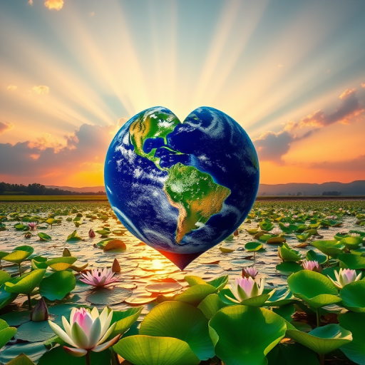 Create a serene landscape with a large heart shape framing a vibrant planet Earth, surrounded by lush green lily pads and a warm sunset sky with rays of sunlight, captured with a DSLR camera at f/8 aperture, 1/200 sec shutter speed, ISO 100, with a wide-angle lens at 24mm for a crisp, detailed view.