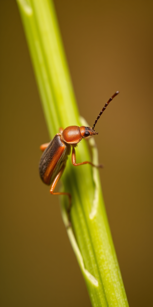 macro photograph of a brown beetle on a green stalk with a blurred background, ISO 100, aperture f/2.8, shutter speed 1/200s, 100mm lens, macro view with shallow depth of field, high-resolution DSLR camera