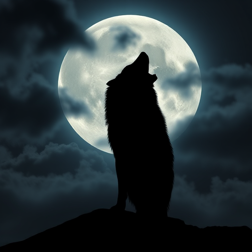 create a silhouette of a wolf howling against a full moon backdrop with dark clouds, camera settings: aperture f/2.8, shutter speed 1/200s, ISO 800, camera view: low angle, camera style: dramatic night scene, camera type: DSLR