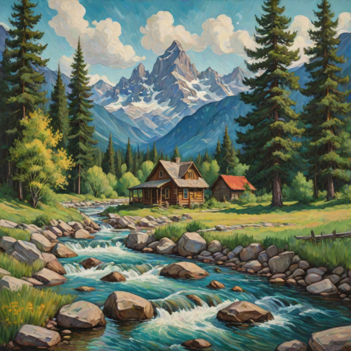 This Van Gogh-inspired painting depicts a peaceful scene of a small cabin located near a flowing river. The scene is surrounded by lush vegetation, including tall trees and rocky terrain. In the background, majestic mountains rise under a sky filled with rolling clouds. The river gently cascades over the rocks, adding a sense of movement and tranquility to the scene. The use of vibrant colors and detailed brushstrokes create a sense of depth and harmony in the natural setting.