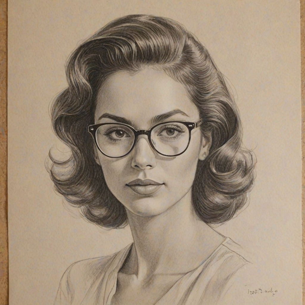 Wonderful Isabela Merced, pencil sketch, portrait of Gorgeous woman 1949s in glasses, hair style beatnik, outline, clear lines, fine lines, 8k