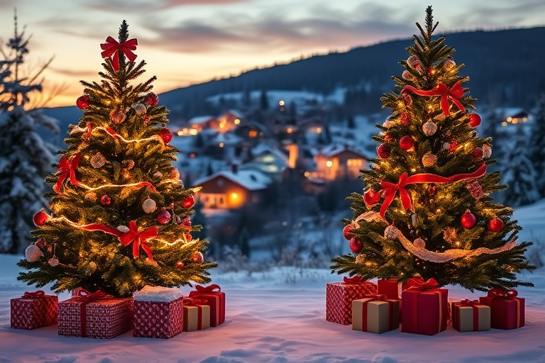 Create a winter landscape scene featuring two decorated Christmas trees surrounded by snow and presents, with a cozy village in the background illuminated by warm lights at twilight, shot with a DSLR camera using a 24mm lens, aperture f/8, ISO 200, and a long exposure to capture the serene atmosphere.