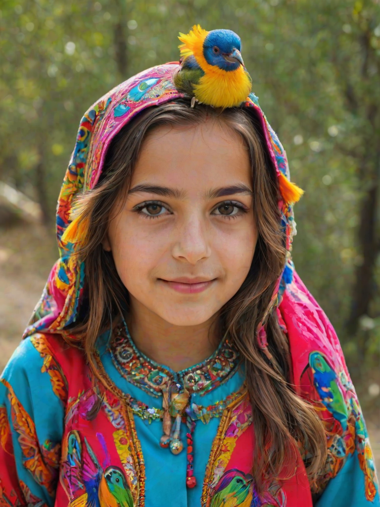 A beautiful Turkish girl, wearing colorful bird clothing with vibrant colors