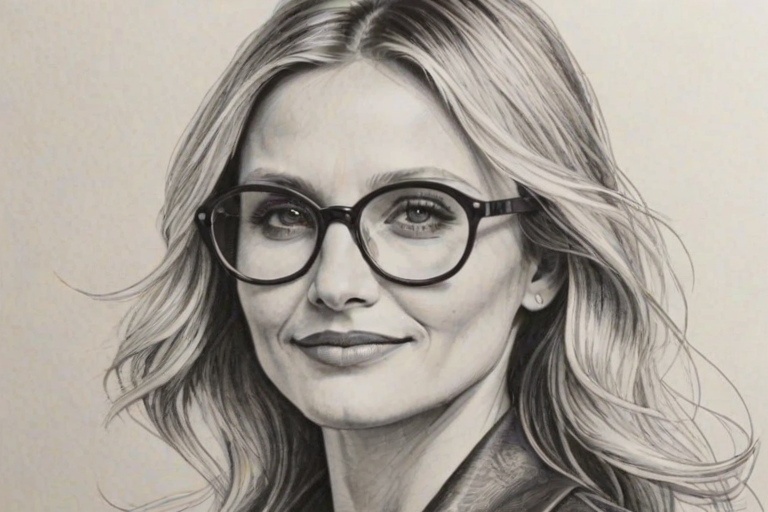 Beauteous Cameron Diaz, pencil sketch, portrait of Bewitching woman 1970s in glasses, hair style beatnik, outline, clear lines, fine lines, 8k