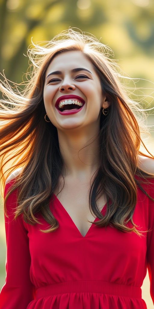 a joyful woman laughing with flowing hair, vivid red dress, natural lighting, high-resolution, portrait mode, 85mm lens, f/1.8 aperture, ISO 100, shallow depth of field, soft focus background