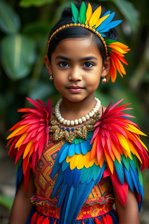 A beautiful Samoan girl, wearing colorful bird clothing with vibrant colors