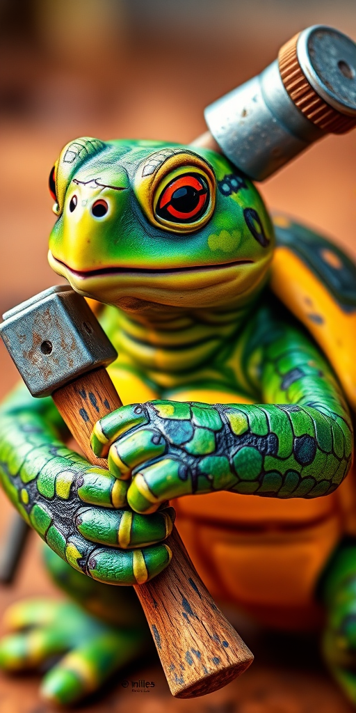 Generate an image of a colorful, stylized turtle holding a hammer, using a DSLR camera with a 50mm f/1.8 lens, aperture set to f/2.8, ISO 100, and a vibrant, saturated color palette to enhance detail and texture in a close-up view.