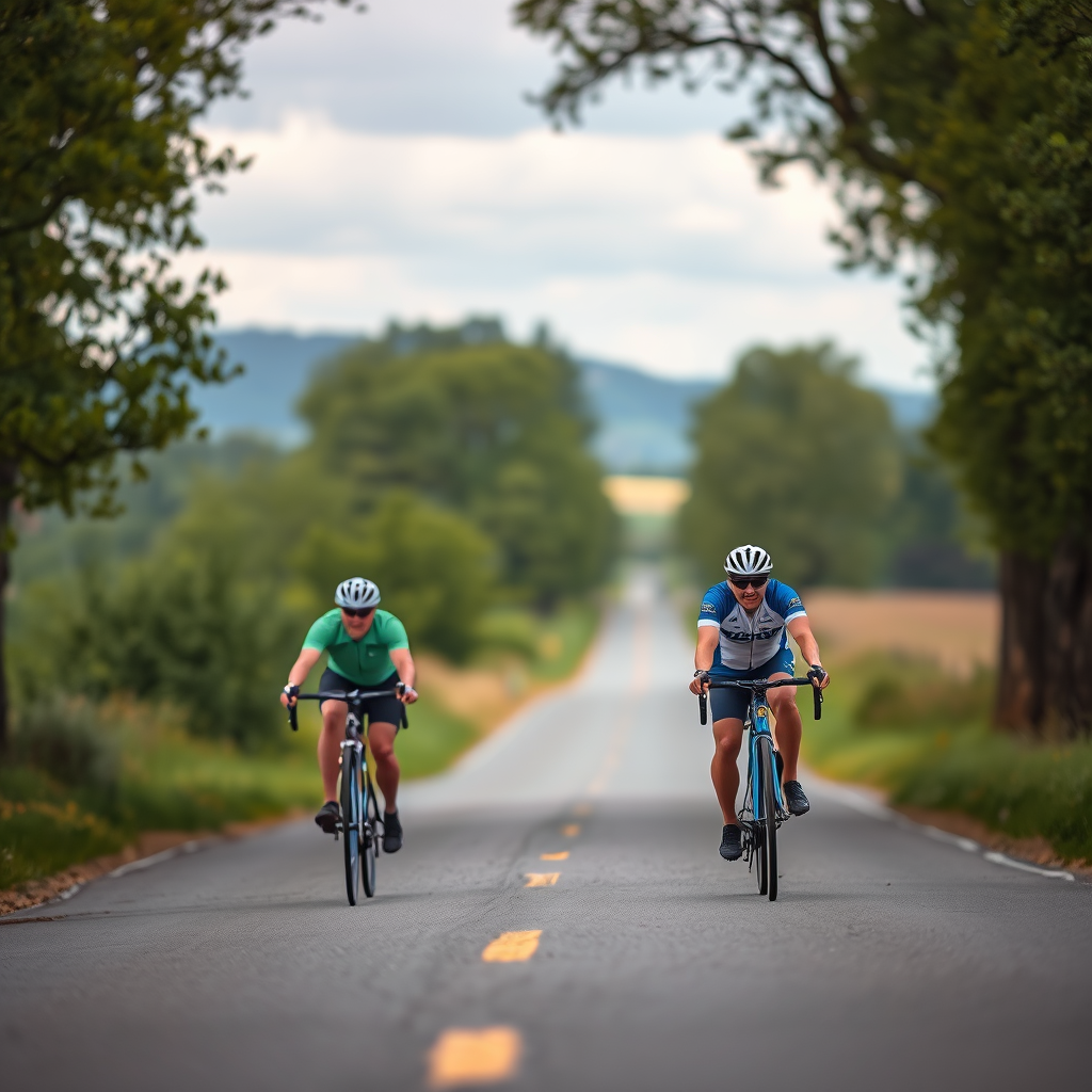 Two cyclists riding on a tree-lined road in a serene landscape, shot with a DSLR camera at 50mm lens, f/2.8 aperture, ISO 200, with a shallow depth of field, capturing a soft background blur to enhance the focus on the cyclists.