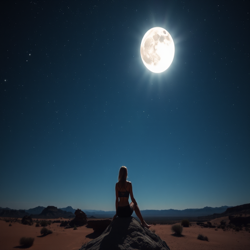 Desert landscape under a full moon, the stars twinkling brightly overhead, a woman sits on a rock, staring up at the vast night sky, her silhouette illuminated by the moonlight.