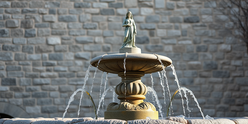 Create an image of a stone fountain with a figure on top, using a DSLR camera, 50mm lens, aperture f/1.8, ISO 100, natural lighting, and a slight low-angle view to enhance details and depth.
