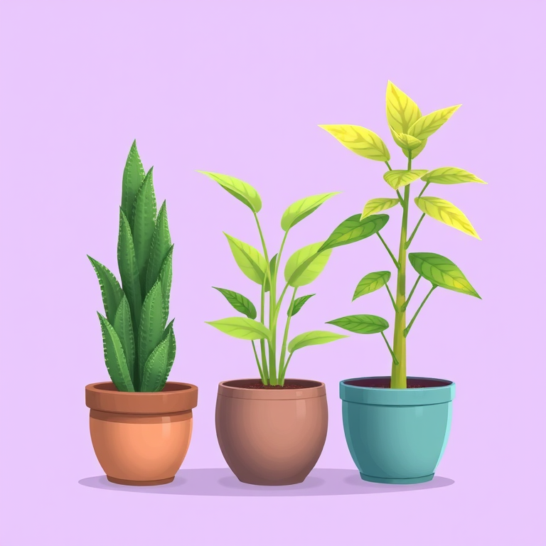 Create a digital illustration of three potted plants with varying heights and textures against a soft purple background, using a high-resolution camera setting of 300 DPI, a macro lens for detailed close-ups, a focused view to enhance plant details, and a digital art style for vibrant colors and sharp contrasts.