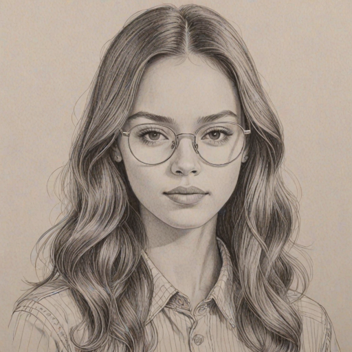 Bewitching Olivia Rodrigo, pencil sketch, portrait of Attractive woman 1975s in glasses, hair style beatnik, outline, clear lines, fine lines, 8k