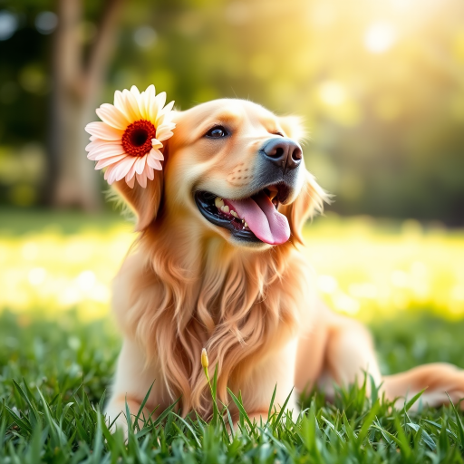 A happy golden retriever with a flower behind its ear sitting on green grass with sunlight shining down enjoying a beautiful day