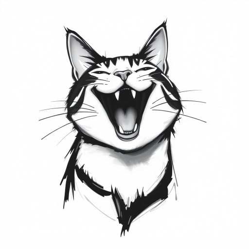 Abstract black and white acrylic portrait of an over exaggerated laughing (cat). Minimalism style. White background.