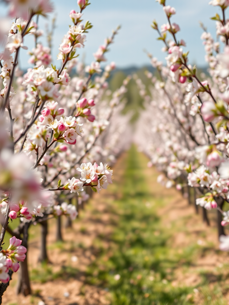 Photograph a blooming apple orchard in spring, focusing on the rows of trees with pink and white blossoms, using a Canon EOS R5 with a 50mm f/1.8 lens, aperture set to f/2.8, ISO 100, and a shutter speed of 1/200s, at eye level to capture depth and detail in natural daylight.