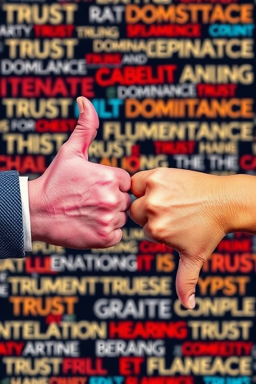 Create an abstract image featuring contrasting thumbs-up and thumbs-down symbols in vibrant colors against a background filled with words representing trust, dominance, and conflict; use a Nikon D850 camera with a 50mm lens, aperture f/1.8, ISO 100, and a soft focus effect for enhanced depth.