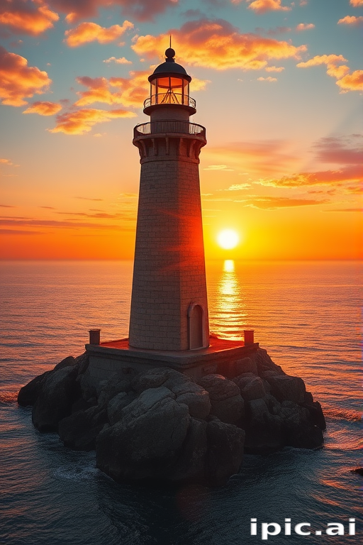Generate an image of a tall lighthouse perched on a rocky outcrop surrounded by calm ocean waters during a breathtaking sunset. The lighthouse stands sturdy and weathered, its stone surface illuminated by the warm golden light of the setting sun. The sun's rays pass directly through the glass lantern room at the top of the lighthouse, casting a brilliant light across the scene. The sky is painted with vibrant shades of orange, pink, and purple, reflecting off the tranquil sea. The surrounding water shimmers with the same warm hues, creating a serene and majestic atmosphere.