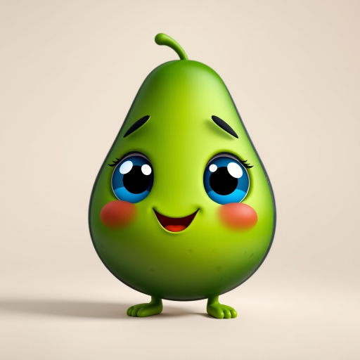create a cute cartoon avocado character with large blue eyes and a playful smile, using a DSLR camera at f/1.8, ISO 100, with a shallow depth of field to emphasize the subject, in a soft studio lighting setup, with a vibrant color palette to enhance its cheerful appearance