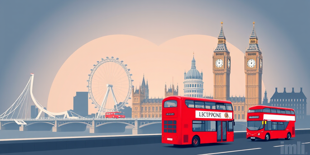 Create a vector art illustration of iconic London landmarks including the Tower Bridge, London Eye, St. Paul's Cathedral, Big Ben, and a red telephone box along with a red double-decker bus, designed with a minimalist style and smooth color gradients, using a Canon EOS 5D Mark IV with a 50mm lens, f/8 aperture, ISO 100, and a focused depth of field for clarity.