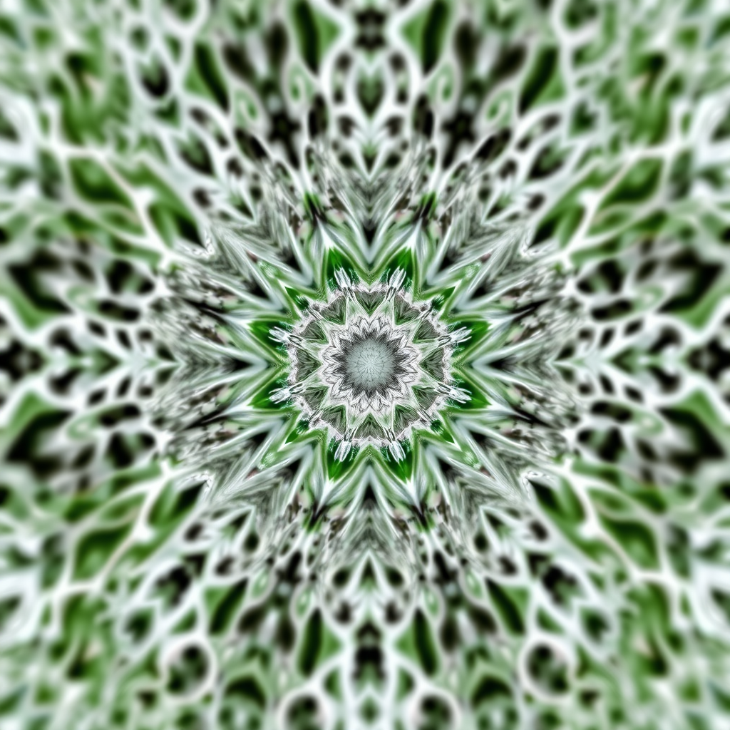 Create a high-resolution abstract fractal image with intricate white and green patterns, using a DSLR camera with a 50mm lens, aperture f/8, ISO 100, and a soft focus effect to enhance texture and depth.