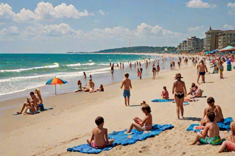 Lively beach scene during summer, with families enjoying the sun, children building sandcastles, and colorful umbrellas dotting the sandy shore, capturing the essence of a perfect day.