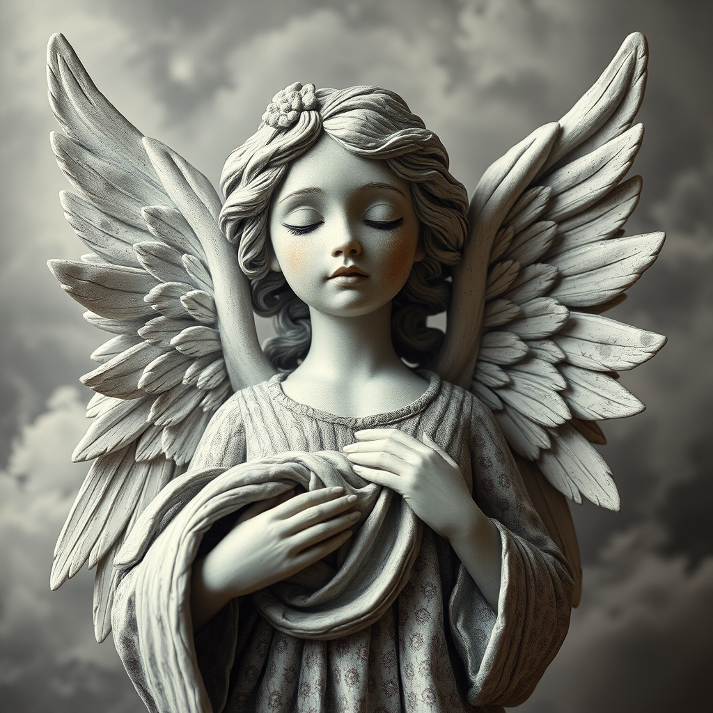 An angel, crafted in the unique style of Folk Art, as she unfolds herself against an ethereal backdrop, her wings softly billowing, face radiating a heavenly glow, every curl in her strikingly serene countenance finely brushed, monochrome, detailed techniques, ultra fine, breathtaking surreal masterpiece