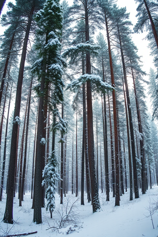 snowy forest landscape with tall pine trees covered in snow, soft natural lighting, shallow depth of field, wide-angle lens, f/8 aperture, ISO 200, 1/125 sec shutter speed, DSLR camera, panoramic view, high resolution