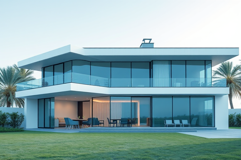 Create a detailed architectural rendering of a modern flat-roofed house with large glass walls and a minimalist design, using a DSLR camera with a 24mm lens, aperture f/8, ISO 100, 1/200s shutter speed, at a 45-degree angle view to showcase depth and perspective, in high dynamic range style.