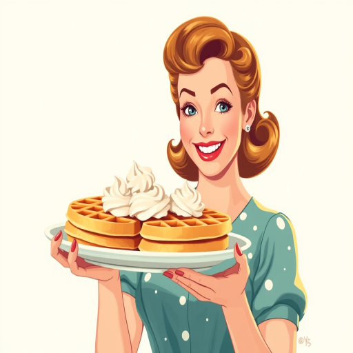 regenerate an illustration of a smiling woman holding a plate of waffles with whipped cream, with a vintage 1950s style, using a Canon EOS R5 camera, 50mm lens, f/1.8 aperture, soft lighting, high saturation, and a clean background for a polished look