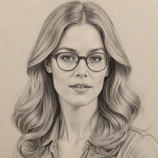 Comely Charity Wakefield, pencil sketch, portrait of Exquisite woman 1970s in glasses, hair style beatnik, outline, clear lines, fine lines, 8k