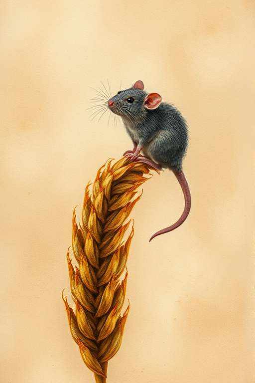 Soft, muted Alcohol Ink with ebru effect background image of tiny whimsical rat, who climbed high on the top of a golden rye ear.