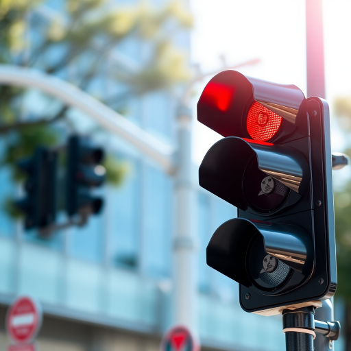 Create a high-resolution image of a traffic light displaying a red signal, captured in bright daylight with a shallow depth of field, using a DSLR camera at f/2.8, ISO 200, and a 50mm lens for clarity and detail.