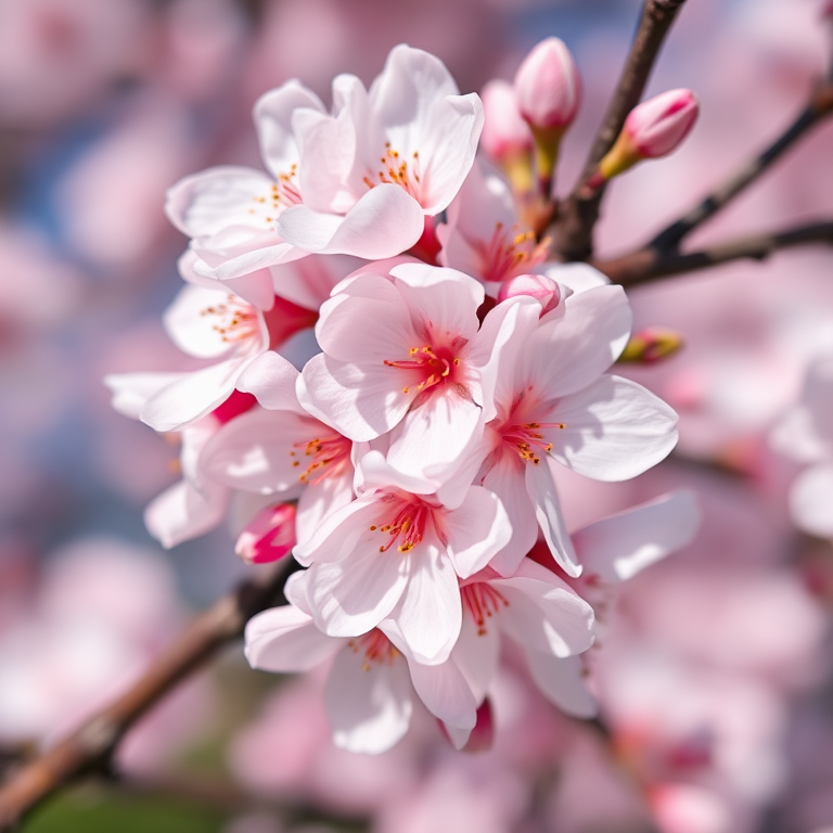 Close-up of blooming cherry blossoms, shallow depth of field, f/2.8, 1/200s, ISO 100, macro lens, natural light, DSLR camera.