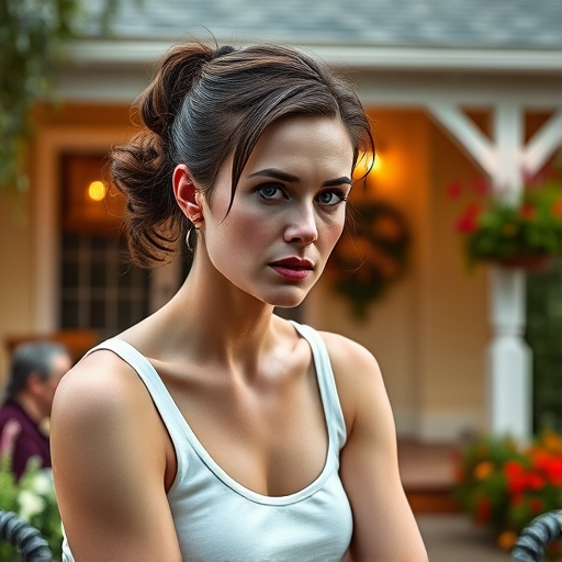 A photo of Jessica Chastain with a background of a cozy porch. She has dark hair pulled back in an updo, with tendrils framing her face. She wears a white tank top and sits on the porch. The porch is part of a well-lit home with a warm, earthy tone and colorful flowers and foliage. The overall scene has a warm, welcoming, and comfortable ambiance.