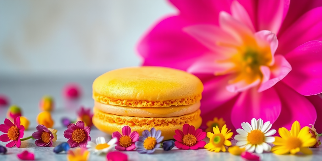 Create a vibrant still life composition featuring a yellow macaron beside a large pink flower, with colorful mini flowers scattered around, shot with a Canon EOS R5, 50mm lens, f/2.8 aperture, 1/125 shutter speed, and a soft-focus background for enhanced depth and clarity.