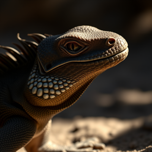 A close-up shot of a Komodo dragon partially in shadow with dramatic lighting, using a DSLR camera, 50mm lens, f/1.8 aperture, ISO 200, 1/250 sec shutter speed, and natural light to enhance the contrast and texture.