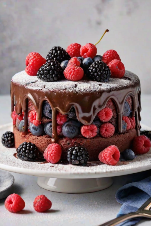 A decadent two-layer chocolate cake topped with a generous assortment of fresh raspberries, blueberries, and blackberries, dusted with powdered sugar, presented on a white plate against a light background.