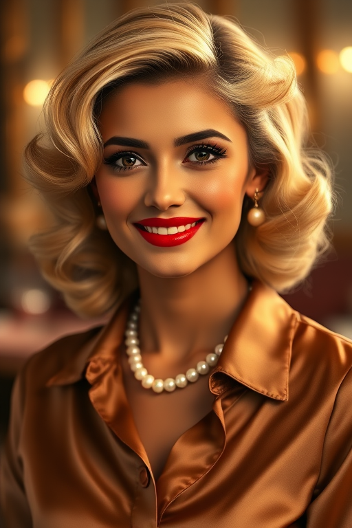A beautiful Pakistani woman reminiscent of 1950s Hollywood glamour, with perfectly styled blonde hair and a seductive smile, dressed in a satin blouse and adorned with pearls, soft and warm tones, photorealistic, 8K