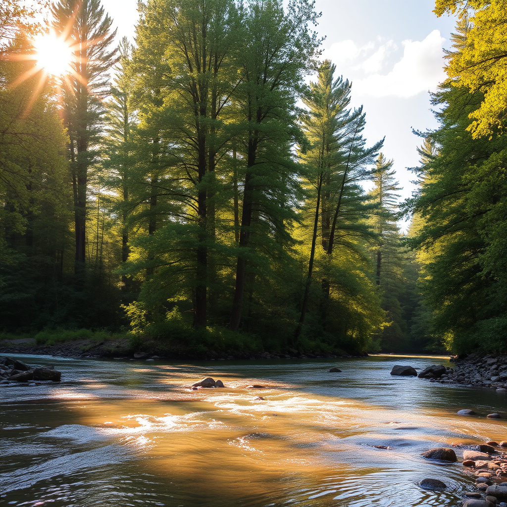 Create an image of a serene, sunlit forest scene with a clear, gently flowing river. Tall trees with lush green foliage line both sides of the river, their leaves bathed in the warm golden light of the setting or rising sun. The sunlight filters through the trees, casting soft, dappled light on the river, which flows over smooth rocks and pebbles, creating a peaceful, natural atmosphere. The sky is bright with a few scattered clouds, and the overall mood is tranquil, evoking a deep sense of connection with nature. The image captures the beauty of a calm, pristine forest landscape at either dawn or dusk.