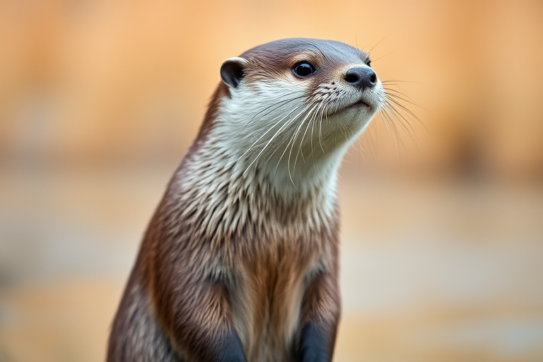 Capture a sharp, detailed portrait of an otter standing upright against a softly blurred natural background, using a DSLR camera with a 50mm lens, aperture set to f/2.8 for a shallow depth of field, ISO 200, and a shutter speed of 1/500s to freeze motion.