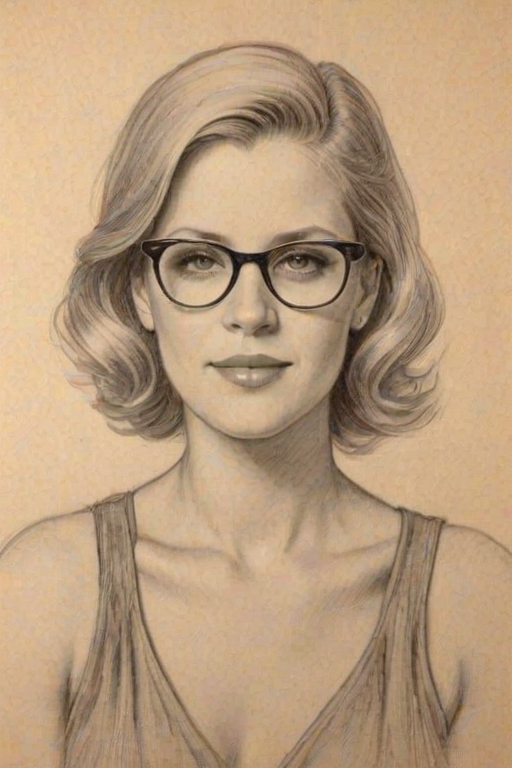 Graceful Dixie Chicks, pencil sketch, portrait of Delightful woman 1933s in glasses, hair style beatnik, outline, clear lines, fine lines, 8k