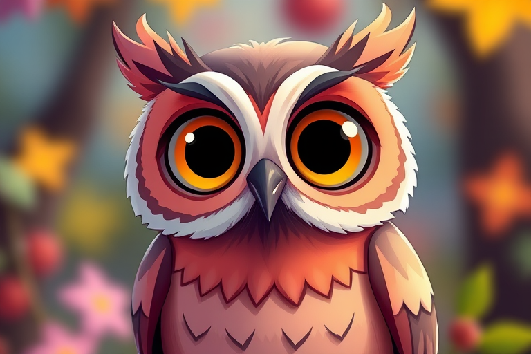 Create a vibrant, cartoon-style illustration of a cute owl with large expressive eyes and a friendly demeanor, using a DSLR camera with a 50mm lens at f/1.8, ISO 200, natural lighting, and a shallow depth of field for a smooth background blur.
