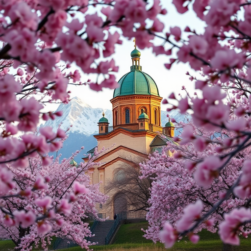 Capture a scenic view of cherry blossom trees in full bloom framing a historic church with a green dome, backdropped by majestic snow-capped mountains, shot at sunrise, using a DSLR camera with a 50mm lens, aperture f/1.8, ISO 100, and a shutter speed of 1/200 sec for enhanced depth and clarity.