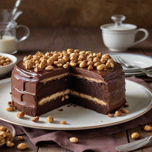 Generate an image of a beautifully layered chocolate hazelnut cake on a decorative plate. The cake should have a glossy chocolate ganache topping and be adorned with chopped hazelnuts. Include a slice removed to showcase the layers inside, and add a few scattered hazelnuts around the plate. The background should be softly blurred to emphasize the cake.
