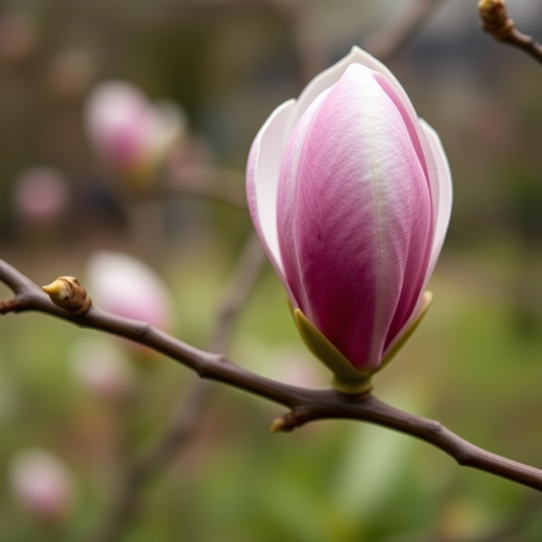 Capture a close-up of a pink magnolia flower bud on a branch with a blurred garden background, using a DSLR camera at f/2.8 aperture, ISO 100, 1/200s shutter speed, in natural light, and a macro lens for enhanced detail.